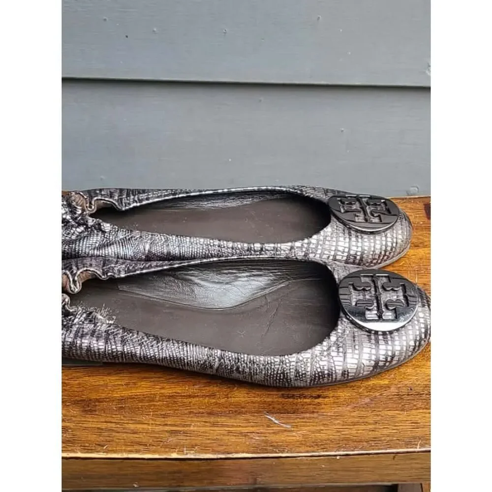 Tory Burch Reva Black Silver Snake Print Leather Ballet Flats size 8M